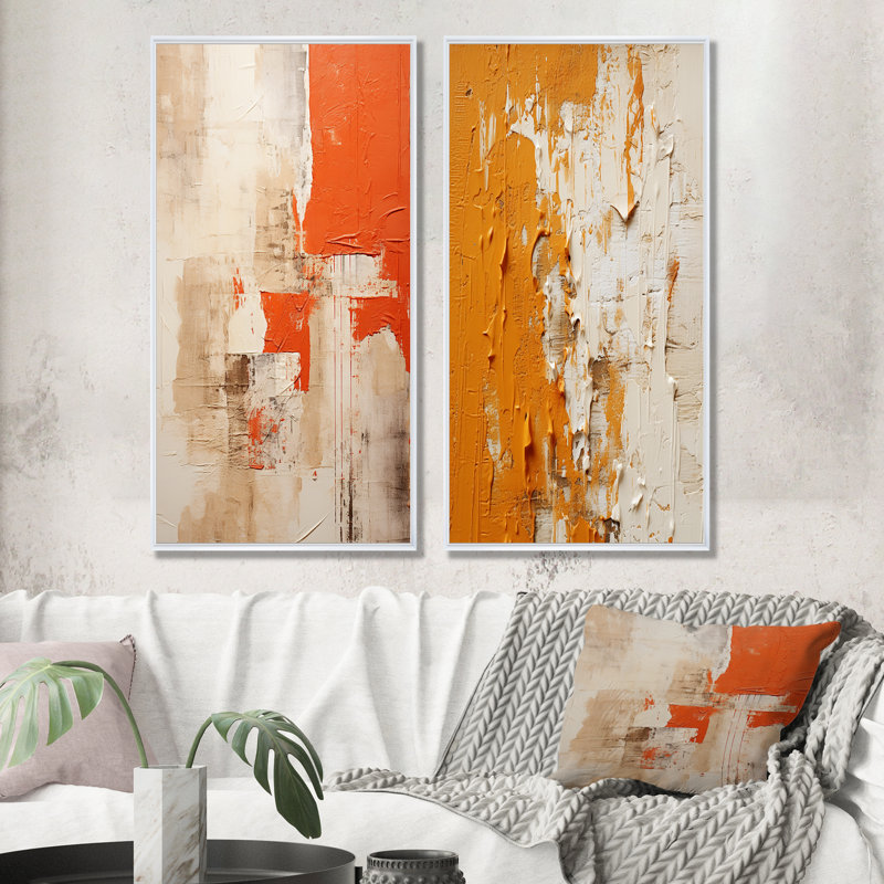 Coucher de soleil «Sunset Reverie Collage I», ensemble de 2 décorations murales abstraites, Cadre blanc, H 28 po x l 25 po