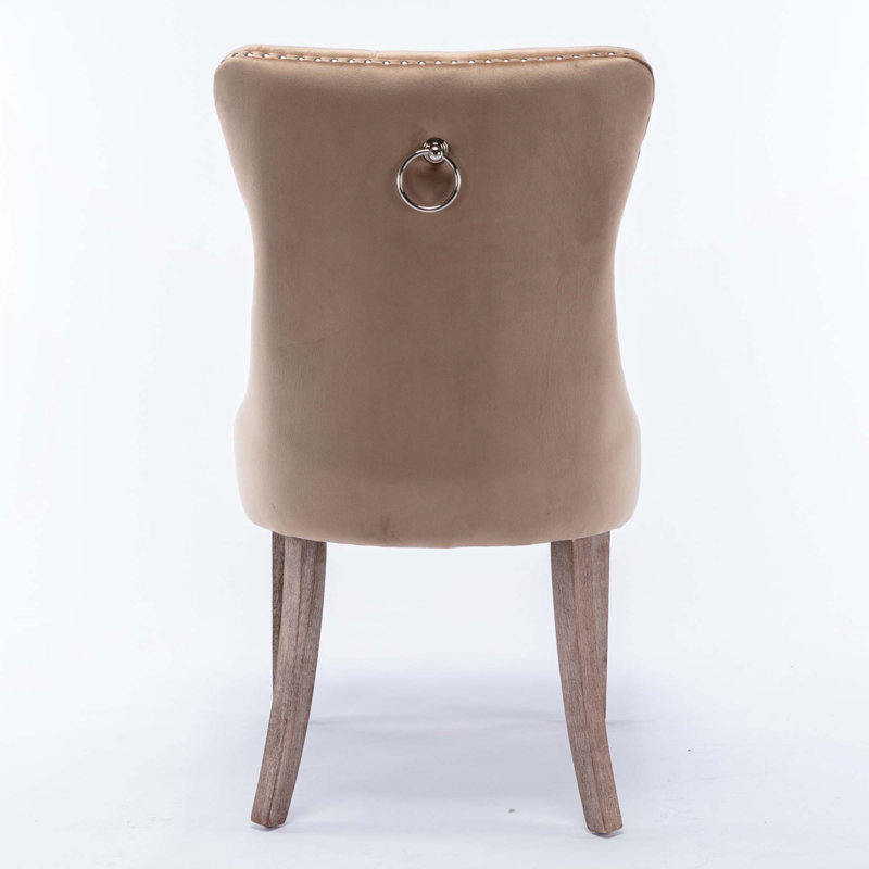 Tufted Solid Wood Velvet Upholstered Dining Chair, Velvet Khaki