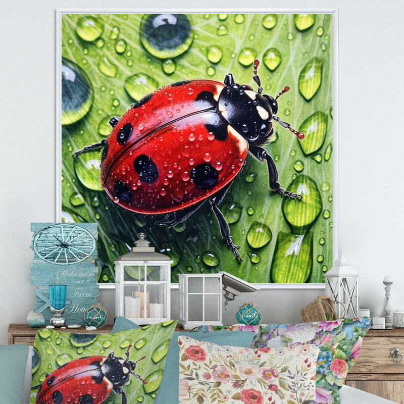 Coccinelles rouges et noires II sur toile, H 24 po x l 24 po x P 1 po, Cadre flottant blanc