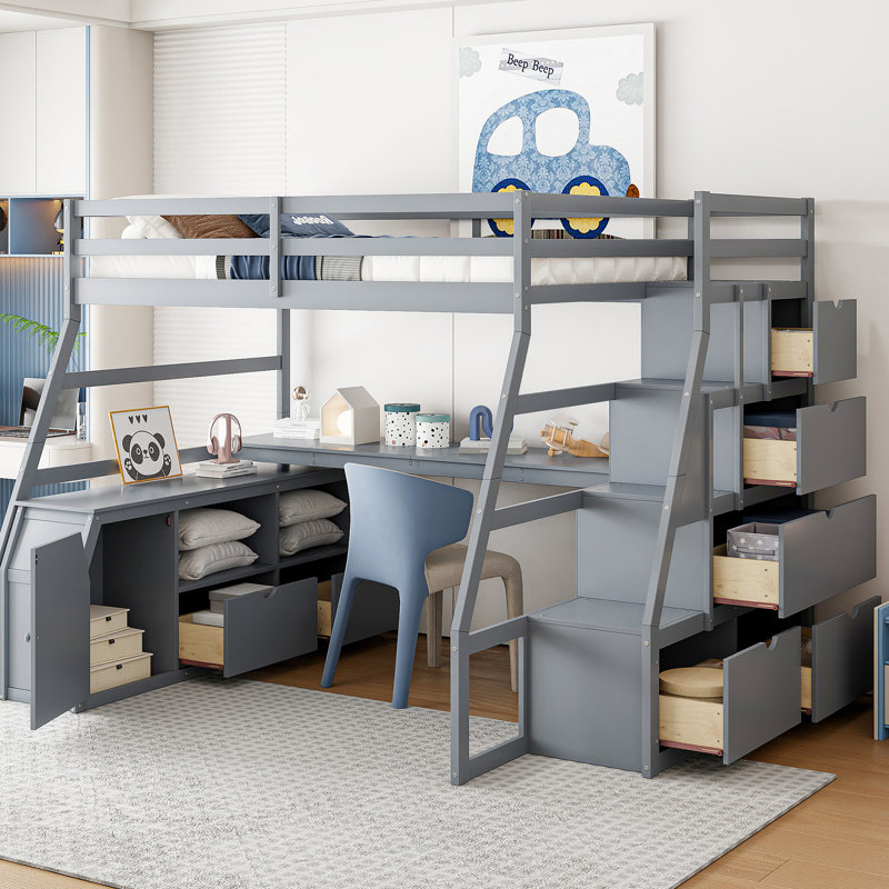Lit mezzanine double en gris - 7 tiroirs, 2 tablettes et bureau, trois agencements de couleurs pour s'adapter à n'importe quel thème de chambre à coucher avec bureau idéal pour une capacité de 220 lb
