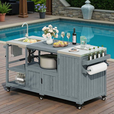 75” Outdoor Kitchen Island With Sink, Rolling Grill Prep Station, Solid Wood, 201 Stainless Steel Top, Modern Farmhouse, Patio