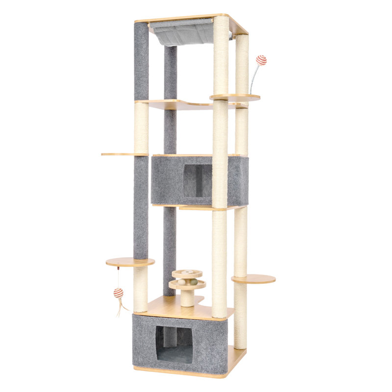Tall Modern Sisal and Bamboo Cat Tower with Gray Felt
