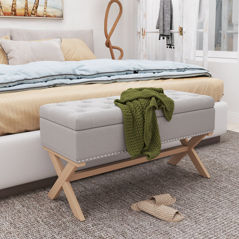 36.22'' Wide Tufted Gray Storage Bench with X-Shaped Wood Legs and Nailhead Trim