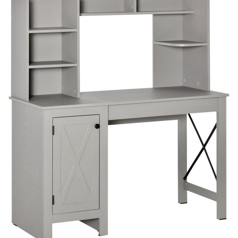 Bureau avec rangement - Gris - Idéal pour le bureau à domicile et la salle d'étude - Armoire à 2 portes et 8 étagères ouvertes - Complétez votre espace de travail