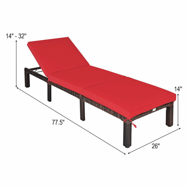 Chaise longue rembourrée réglable en rotin Dizzie, Rouge