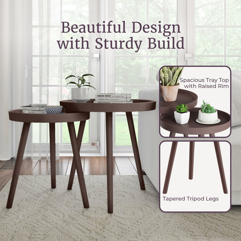 Lavish Home 2-Piece Nesting Side Table Set with Tray Tops, Brown, Brown