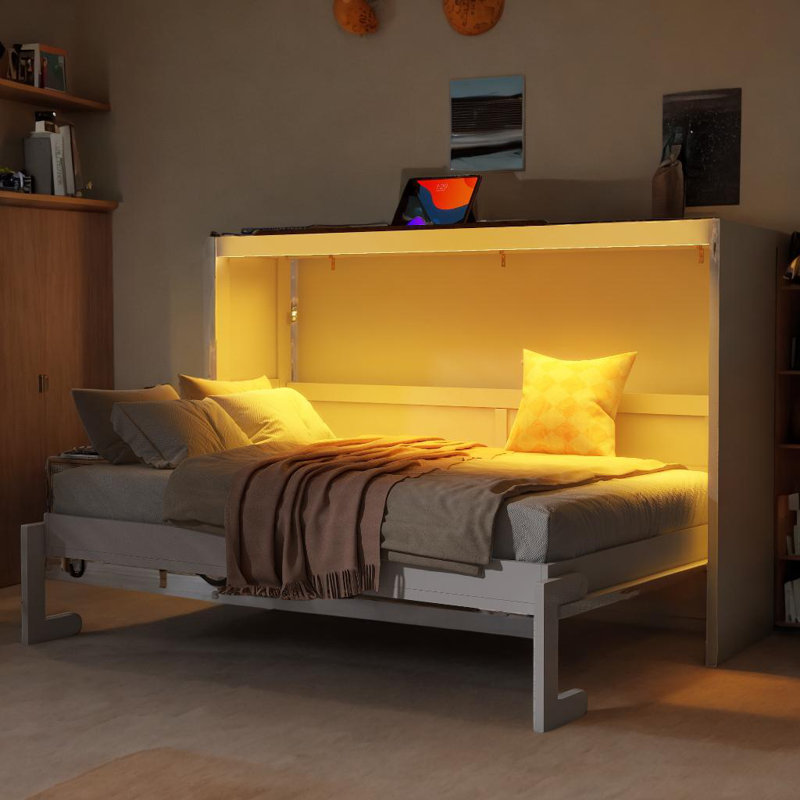 Lit escamotable dissimulé dans une armoire avec lumière DEL, Blanc