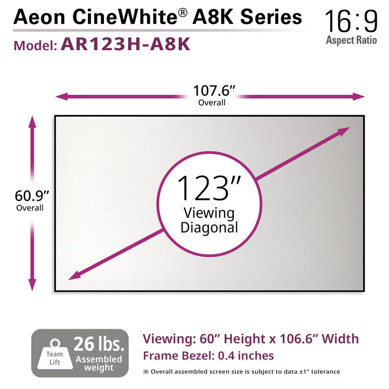 Aeon CineWhite A8K Series Fixed Frame Projector Screen, 60" H x 106.6" W