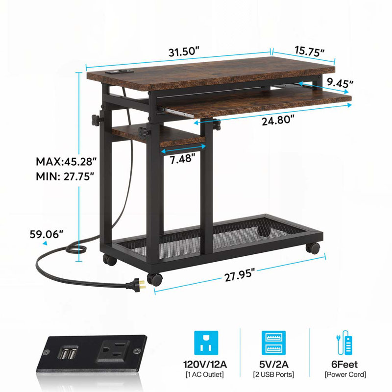 Bureau portatif à hauteur ajustable avec prise de courant et ports USB, table d'appoint roulante en forme de C, Brun