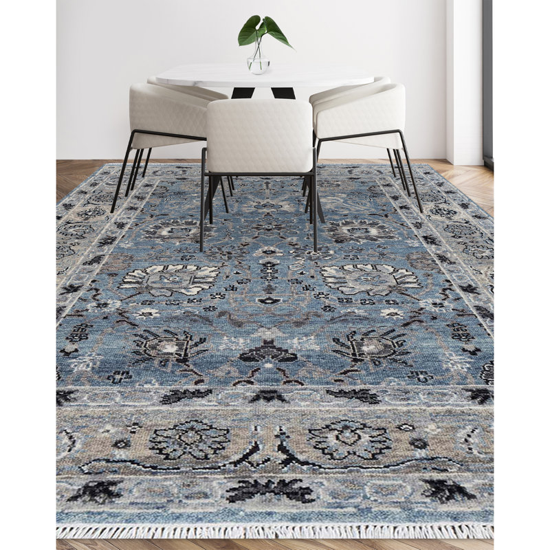 Oriental Hand-Knotted Wool Area Rug in Gray/Blue/Brown, Rectangle 6' x 9', Gray/Blue/Brown