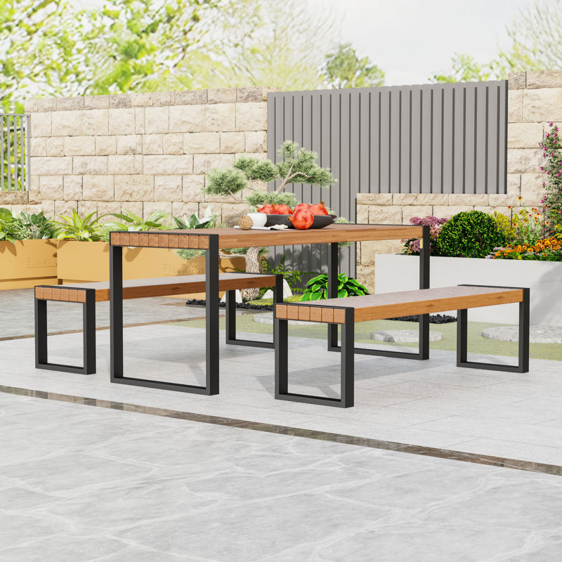 Modern 3-Piece Indoor Outdoor Acacia Wood Dining Table Set with Two Benches and Steel Base