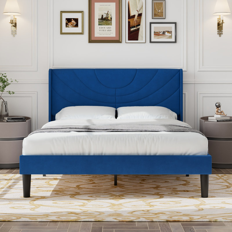 Structure de lit double en velours avec tête de lit à oreilles, lit plateforme tapissier avec tête de lit capitonnée à oreilles, support de lattes en bois massif, pas de sommier tapissier, silencieux, bleu foncé