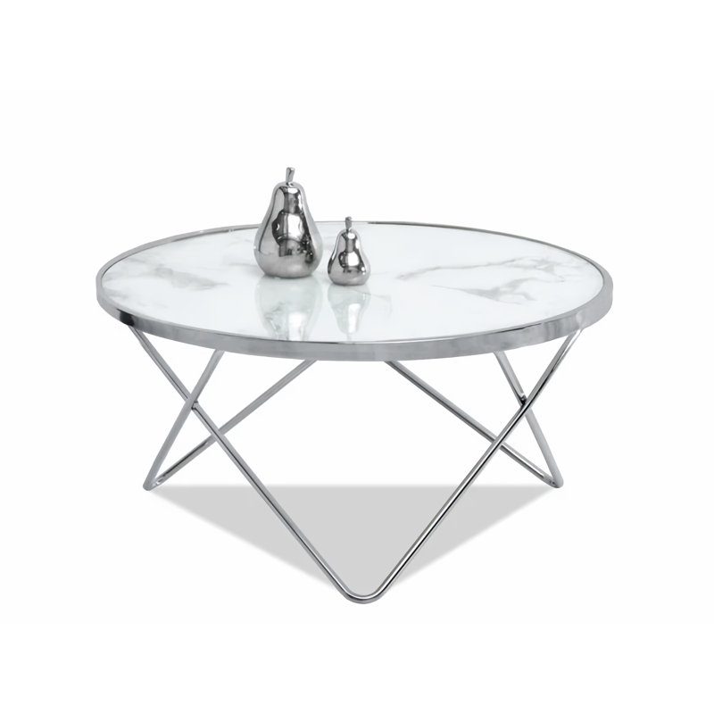 Ailynn Abstract Coffee Table, White Marble, Chrome