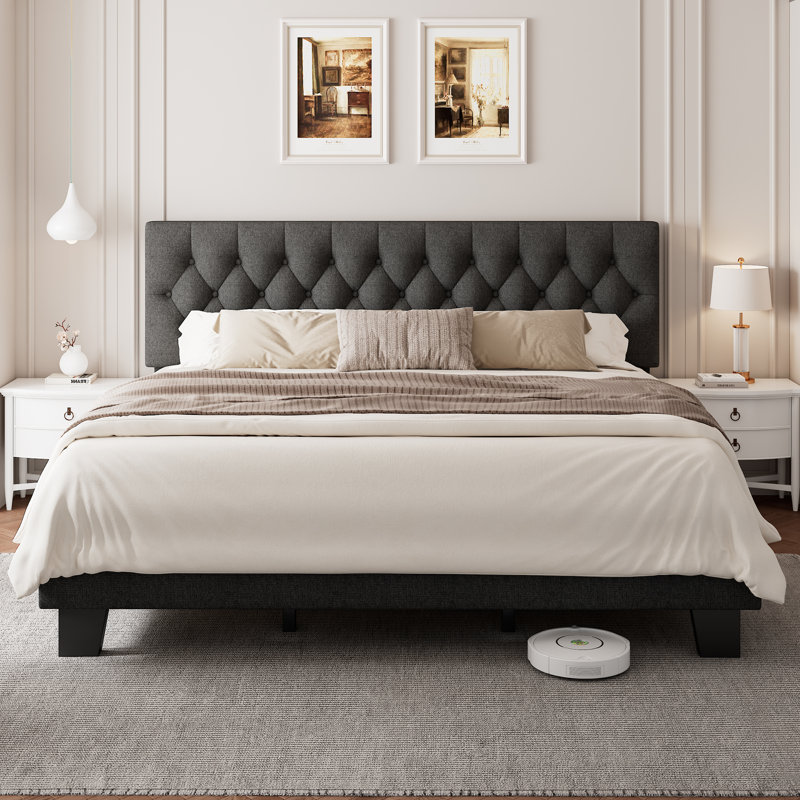 King Upholstered Bed Frame with Headboard, Button Tufted Linen Bed Base, Platform Bed with Wood Slat, Heavy Duty, Easy Assembly, No Box Spring Needed,Dark Grey