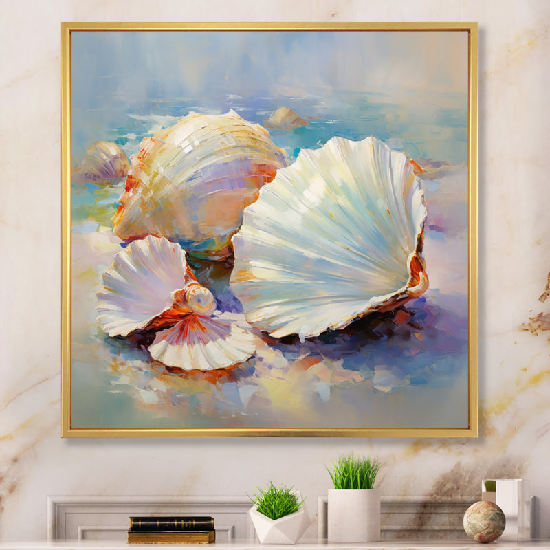 White Impressionist Seashells I - Animals Wall Art Prints, H 30 po x l 30 po x P 1 po, Cadre flottant doré