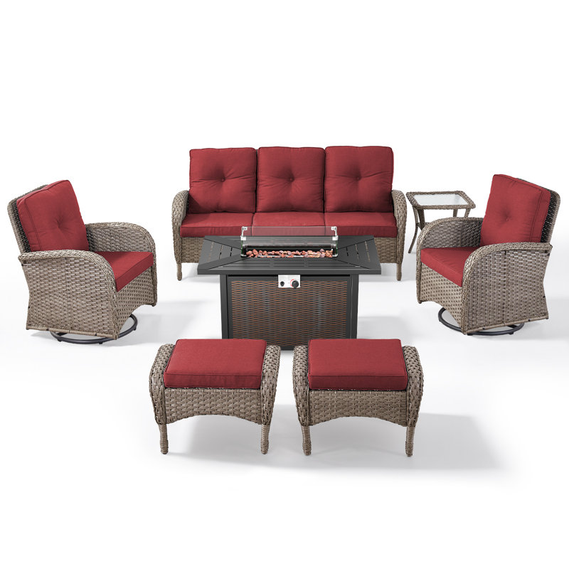 7-Piece Outdoor Patio Wicker Relaxed Fire Pit Set With Swivel Chairs And Ottomans, Red