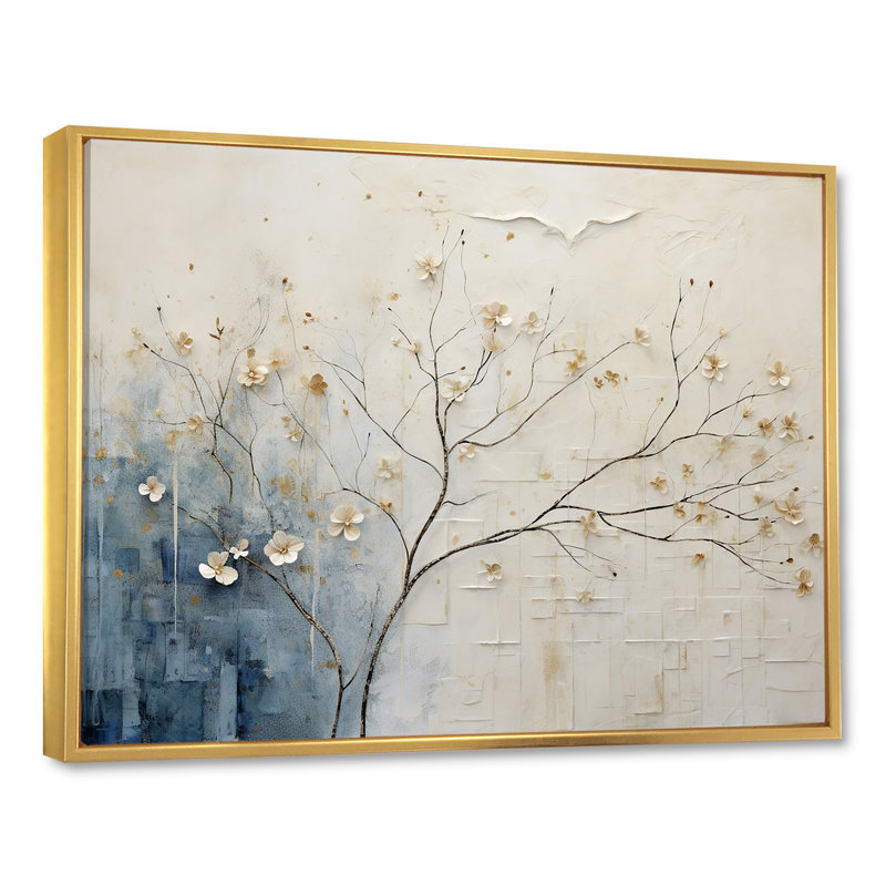 Minimalisme beige et bleu campagne - campagne encadrée, art mural, H 30 po x l 40 po x P 1,5 po, Cadre flottant doré