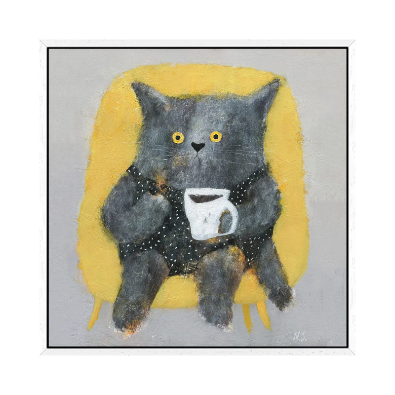 The Cat In The Chair Wit Cup Of Coffee by Natalia Shaloshvili - Print on Canvas, 93.98cm H x 93.98cm W x 3.81cm D