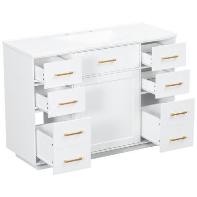 Meuble-lavabo autoportant de 122 cm (48 pouces) avec lavabo composite, comprenant 7 tiroirs, 1 porte, charnières à fermeture douce et poignées en métal doré.