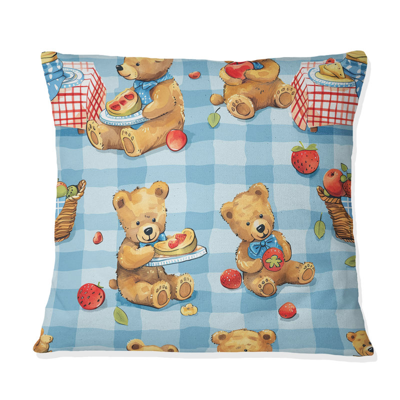 Coussin rose rose brun avec ourson pique-nique II, H 16 po x l 16 po