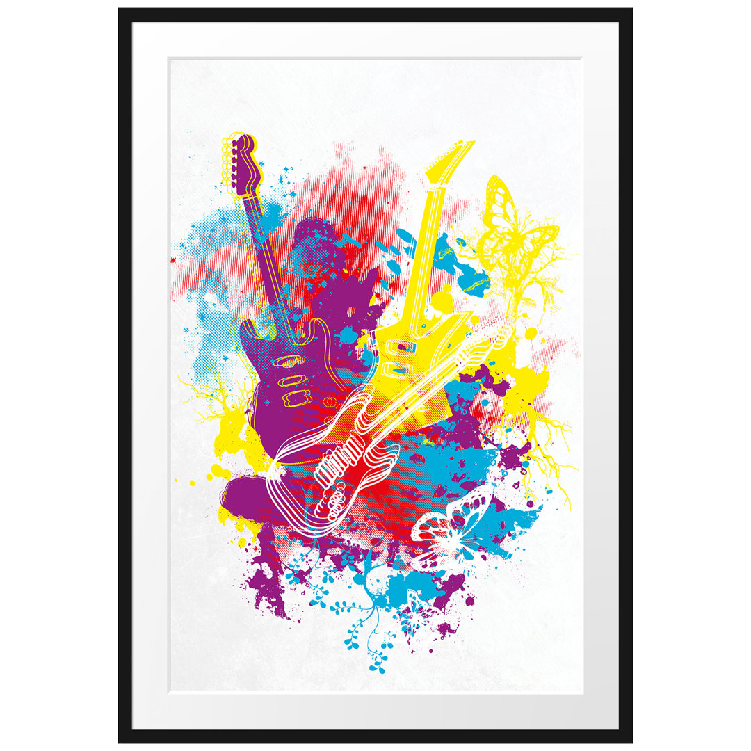 Gerahmtes Poster Guitar Splatter White