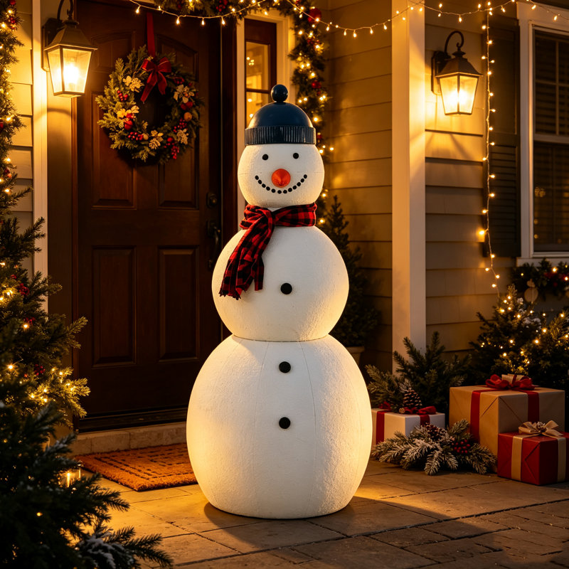 Décoration de Noël traditionnelle en métal Yuletide 47 po : bonhomme de neige avec foulard à carreaux et bonnet d'hiver.