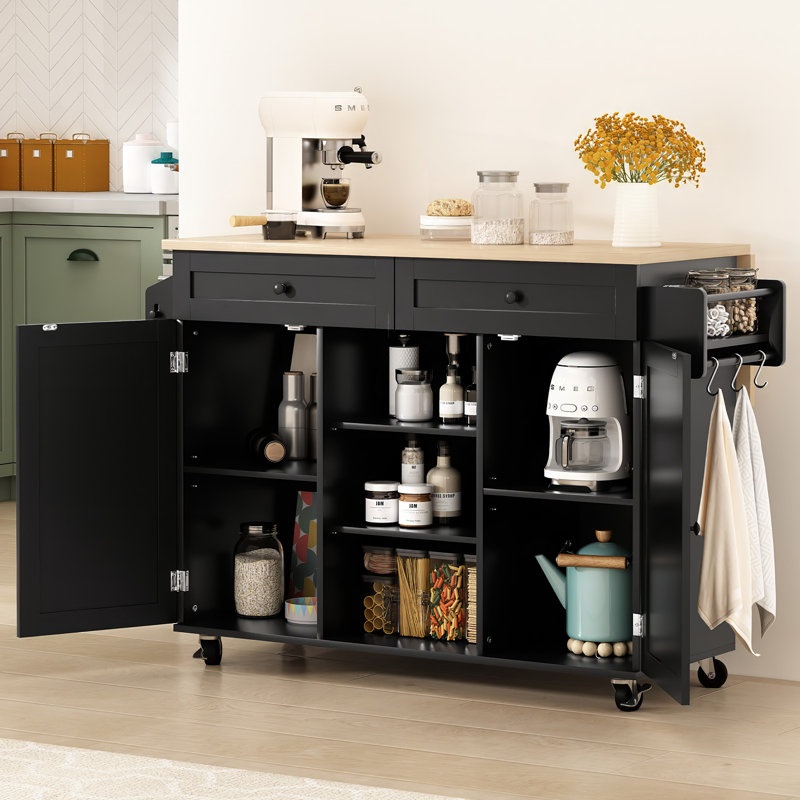 Jaye 51.7" Kitchen Island on Wheels with Storage Cabinet with Drop Leaf Countertop, Black