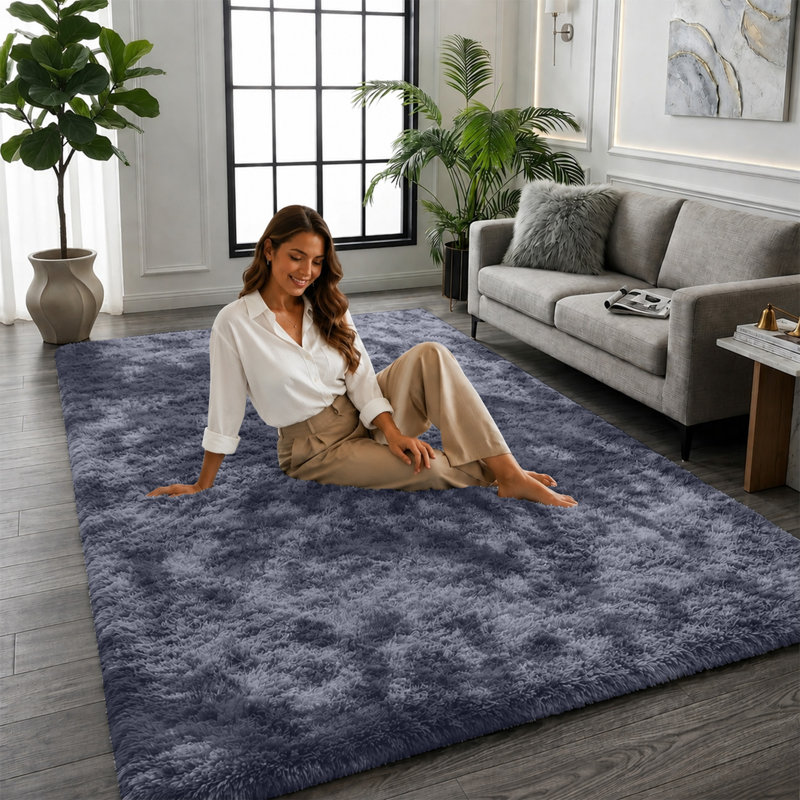Solid Colour Machine Tufted Tie Dye Grey Shag Area Rug,Glamorous Ombre Grey Shaggy Carpet featuring a Deep Pile and Non-Shedding fibers