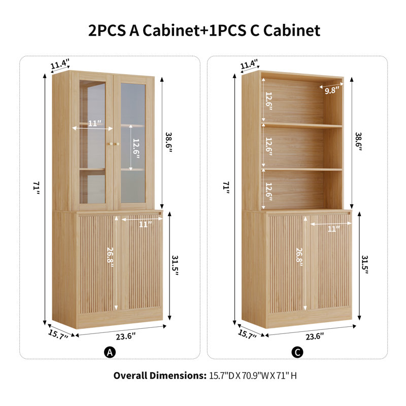 Bibliothèque 71 po H x 70,9 po avec portes en verre, bibliothèque moderne à 3 niveaux (2A + C)