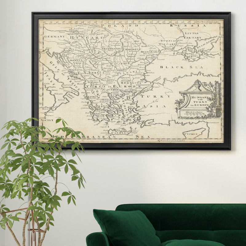 Carte de la Hongrie et de la Turquie - Carte du monde vintage, encadrée sous verre acrylique, décoration murale pour bureau ou bibliothèque