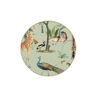 Green Themed Multicolor Giraffe and Lion Patterned Modern Decorative Rug