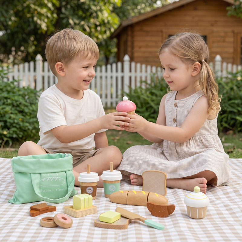 17-Piece Wooden Bakery Food Playset with Pastries, Coffee and Shopping Bag for Pretend Kitchen and Cafe Play