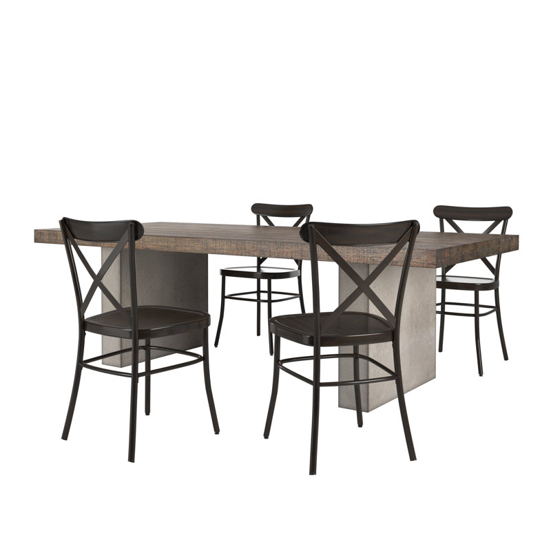 Savannah Reclaimed Finish Wood Top With Concrete Veneer Base Dining Table And X-Back Metal Chairs Set, Black