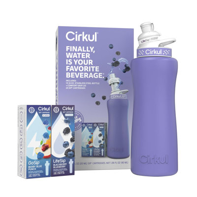 32 oz. Ensemble de démarrage pour bouteille d'eau en acier inoxydable mat avec couvercle de pervenche, 2 cartouches de saveur (1 Lifesip Blackberry Blueberry, 1 Gosip Berry Punch) sans sucre, mélange de boissons sans calorie