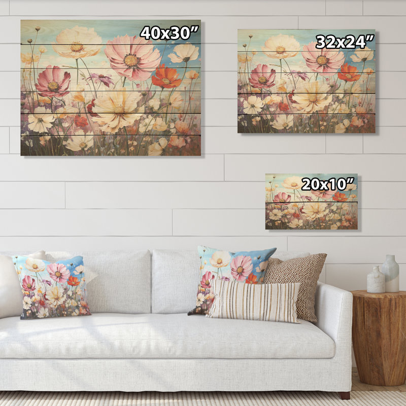 Bouquets de prairies fleuries assorties - Art mural en bois sur fond de pin naturel, H 30 po x l 40 po