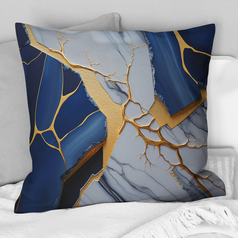 Bleu abstrait géométrique I - coussin abstrait en marbre, H 16 po x l 16 po, Carré