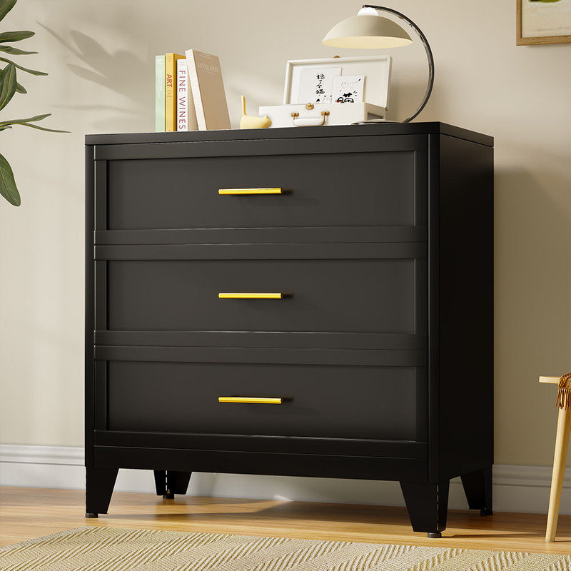 Black Metal Modern 3-Drawer Dresser with Gold Handles
