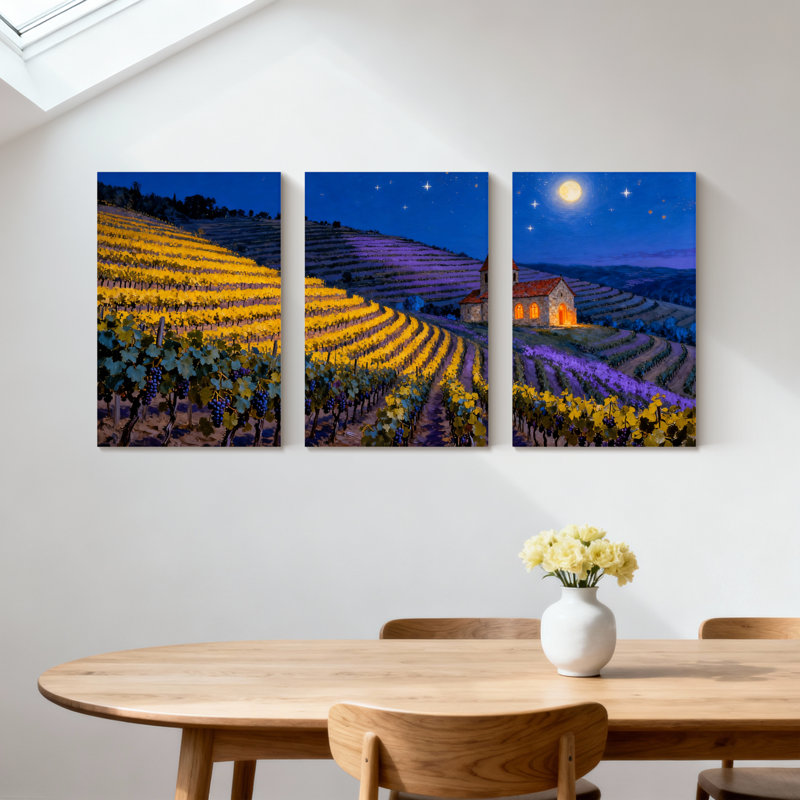 Abstrait vignoble sous un ciel étoilé avec lune, ensemble de 3 impressions sur toile, H 24 po x l 48 po