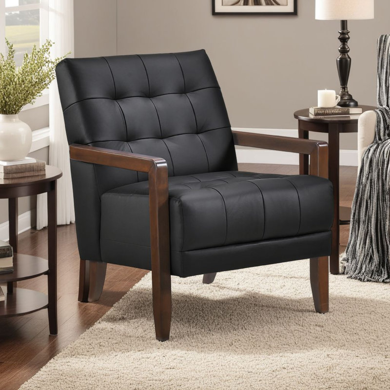 Fauteuil Lenie, cuir capitonné, bois de noyer, Noir