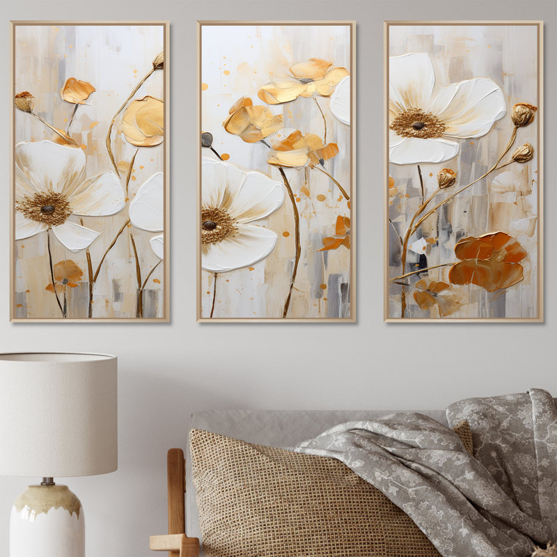 «Elegant Beige Gold Buttercups Meadow» - ensemble d'art mural Buttercups, Cadre naturel flottant, H 28 po x l 36 po x P 1 po