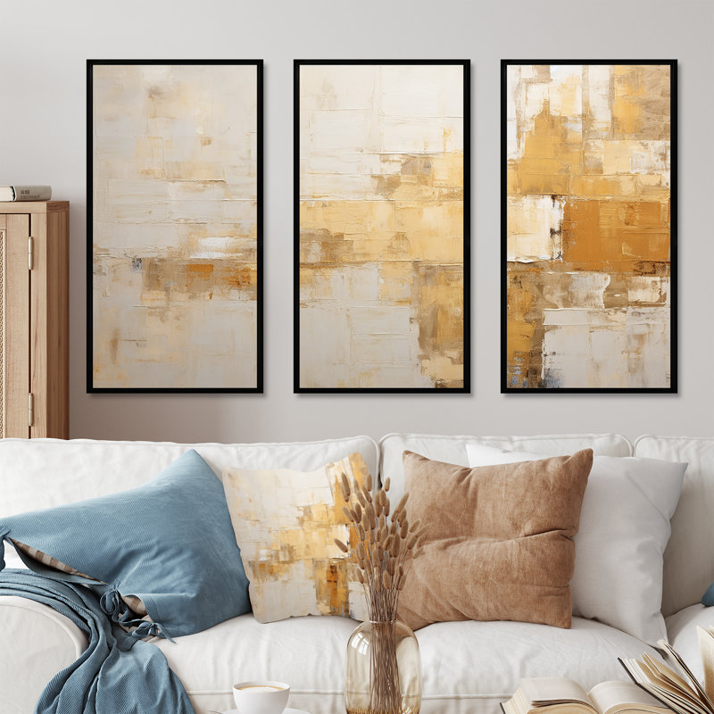 Minimalisme beige horizon I - ensemble d'art mural abstrait, Cadre flottant noir, H 28 po x l 36 po x P 1 po