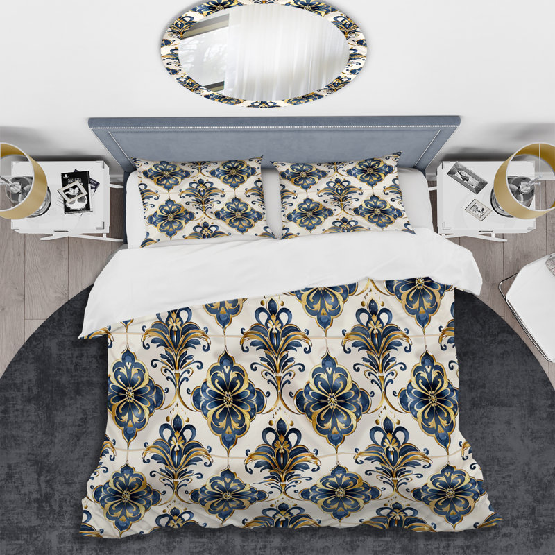 Ensemble de housse de couette Gold Blue Glam Damask Tiles - Glam, Housse de couette très grand + 2 taies décorativ