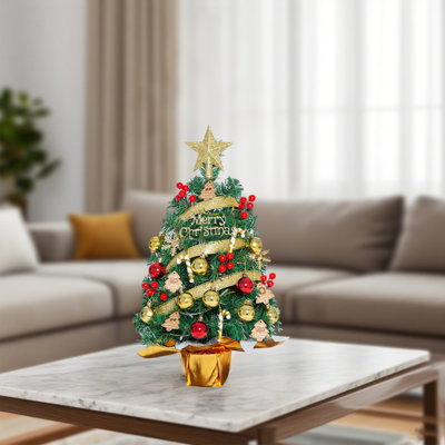 Arbre de Noël de table de 55 cm pour décoration de Noël, mini arbre de Noël artificiel avec décorations pour bureau, bureau, chambre à coucher ou fête