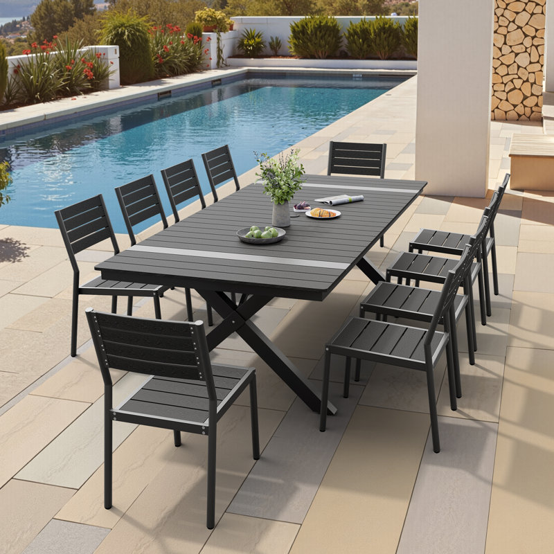 10 - Person Aluminum Rectangular Outdoor Dining Set with Umbrella Hole and Stackable Chairs, Black