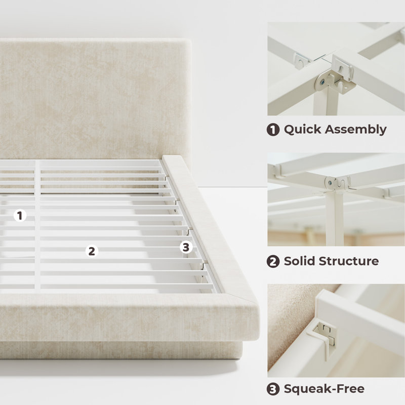 Structure de lit plateforme grand lit en chenille beige avec tête de lit extra large et rembourrage en mousse de style flottant