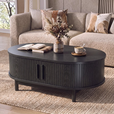 Mid-Century Modern 39.4" Black Fluted Coffee Table With Storage & Brass Handles