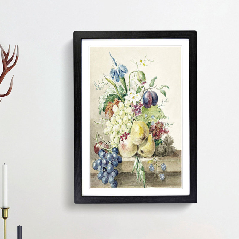 Still Life with Fruit & Flowers by Jean Bernard - Picture Frame Painting Print, Black Framed, 48cm H x 36cm W x 2cm D