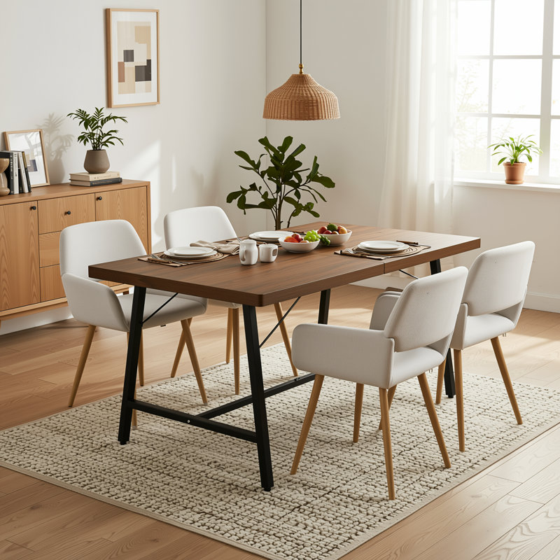 5-Piece Rectangular Wood-Look Dining Table Set With 4 Upholstered Arm Chairs, Beige, 5 Pieces: Table, 4 Chairs