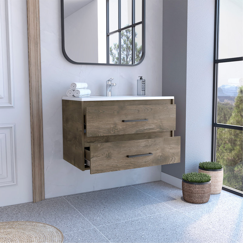 Floating Vanity Sink with 2-Drawers Dark Brown / White