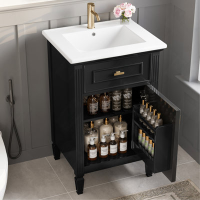 Meuble-lavabo noir de 20 po avec lavabo, pieds en bois massif, tablette réglable, tiroir inclinable, alliage de zinc, armoire autoportante moderne pour petite salle de bain
